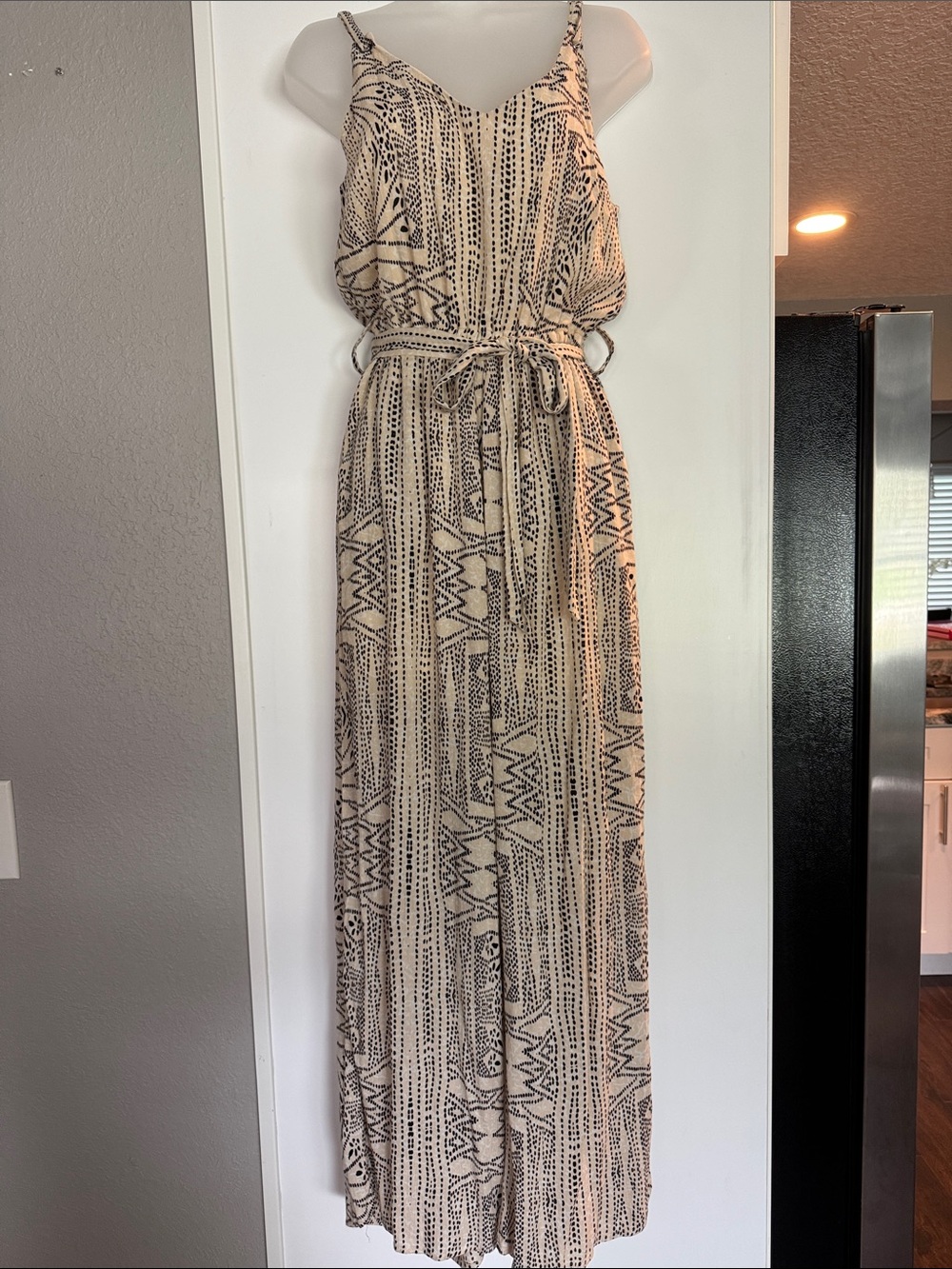 Vici Beige and Black Printed Sleeveless Jumpsuit with Waist Tie